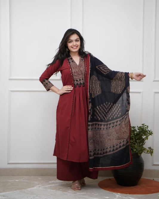 Women’s Cotton Printed Kurta Palazzo & Dupatta Set (RD80)