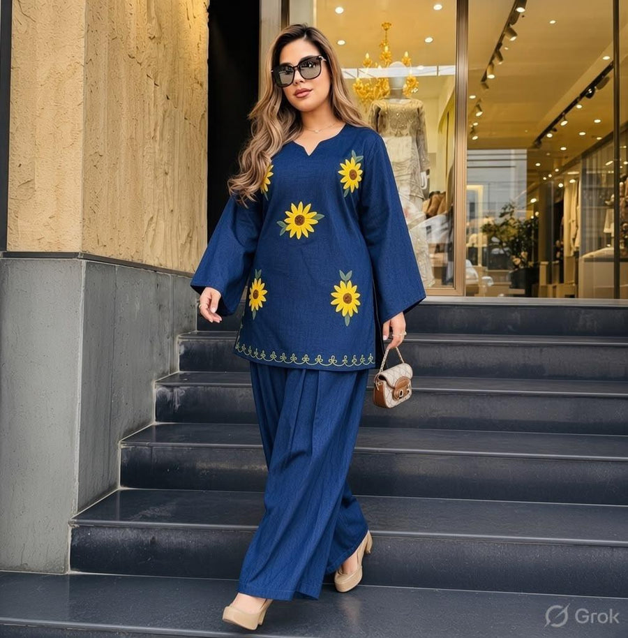🌻 Sunflower Bloom Embroidered Co-ord Set ✨ (SWSK77)