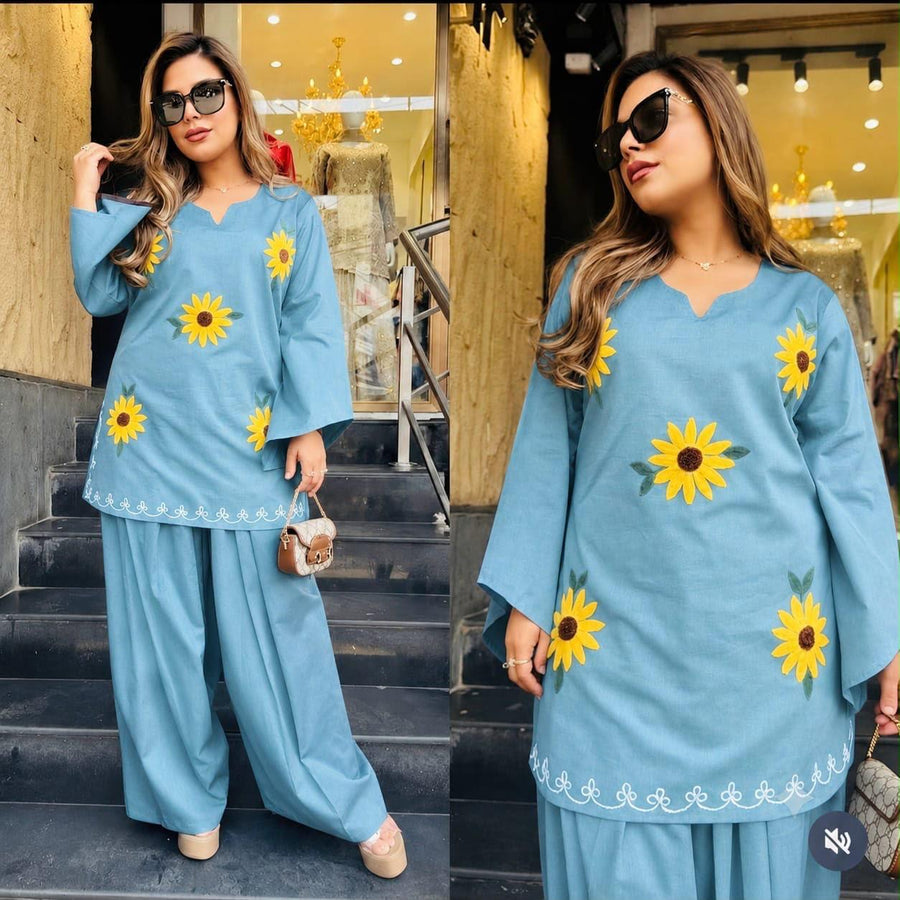 🌻 Sunflower Bloom Embroidered Co-ord Set ✨ (SWSK77)