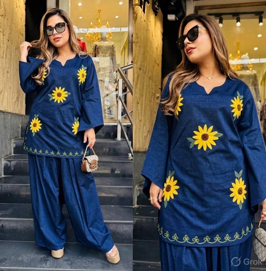 🌻 Sunflower Bloom Embroidered Co-ord Set ✨ (SWSK77)
