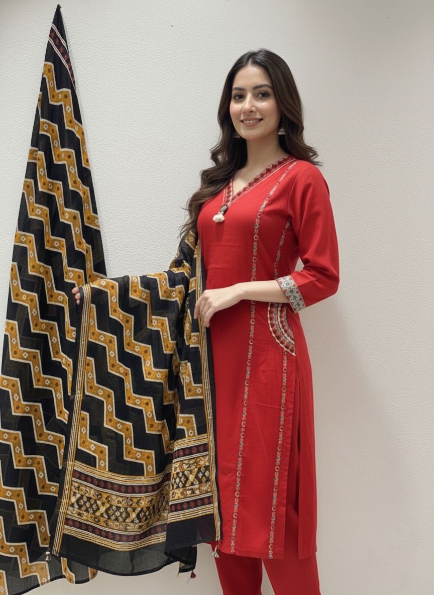 Women’s Embroidered Kurta Pant Set with Dupatta (RD33)