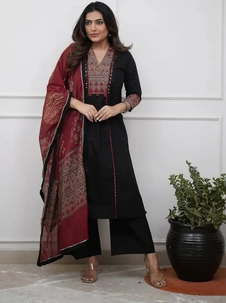 Women’s Cotton Printed Kurta Palazzo & Dupatta Set (RD80)