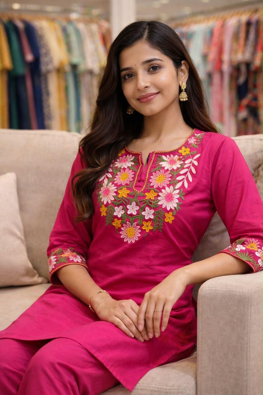 🧶work- embroidery 🪡 🪡 🪡 work on kurti front and pant and kurti border👗👗👗👗 (SWSK78)
