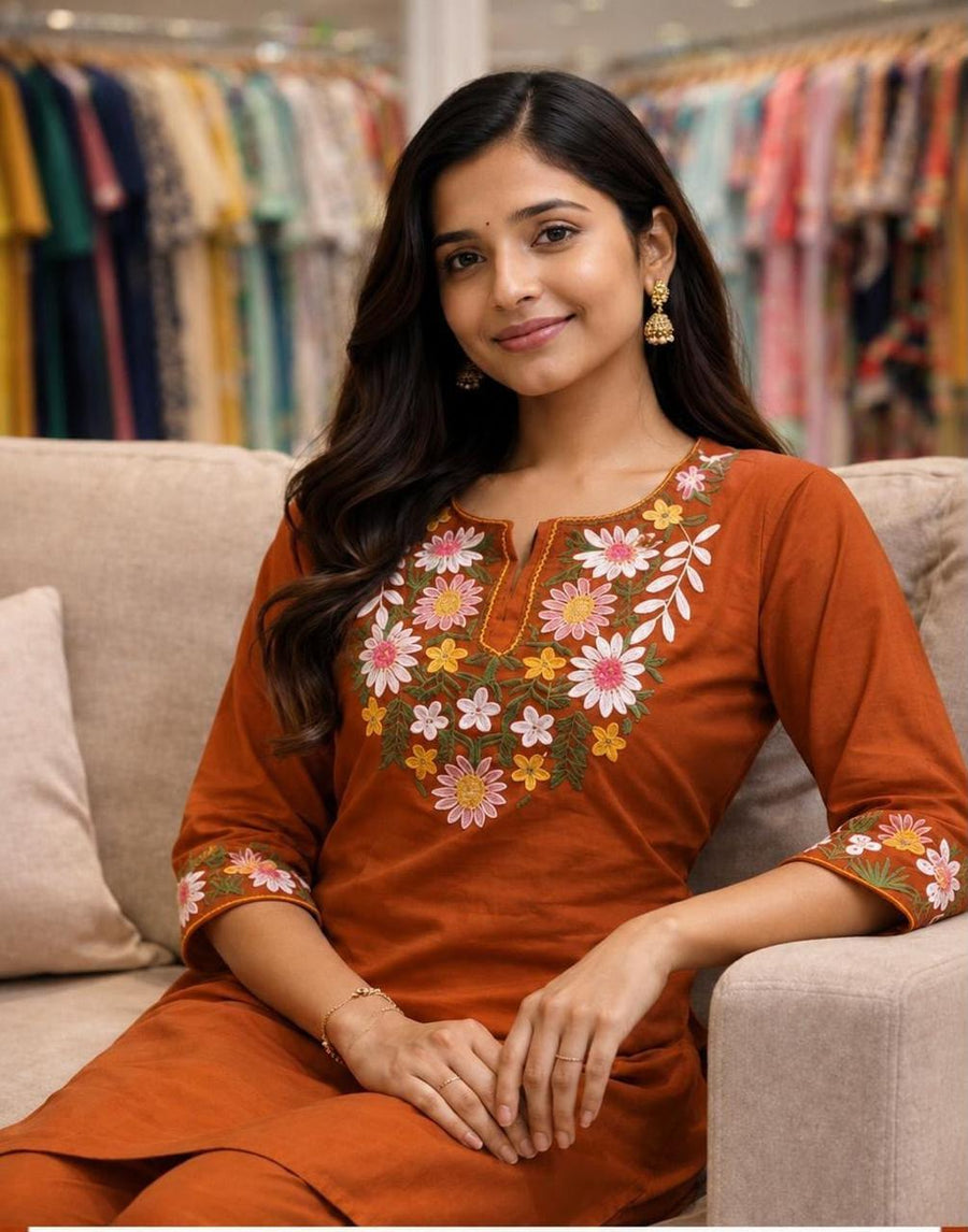 🧶work- embroidery 🪡 🪡 🪡 work on kurti front and pant and kurti border👗👗👗👗 (SWSK78)