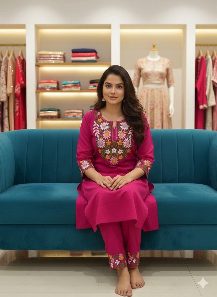 🧶work- embroidery 🪡 🪡 🪡 work on kurti front and pant and kurti border👗👗👗👗 (SWSK78)