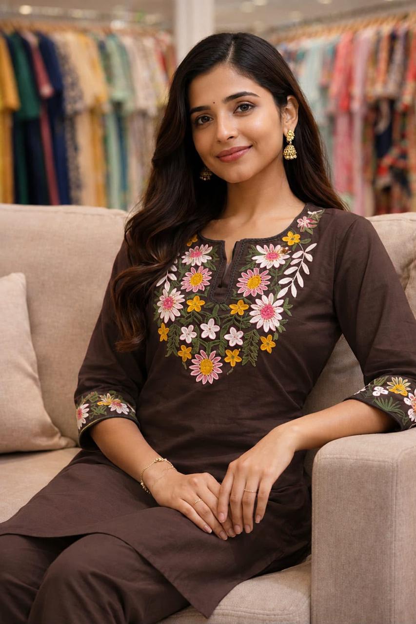 🧶work- embroidery 🪡 🪡 🪡 work on kurti front and pant and kurti border👗👗👗👗 (SWSK78)