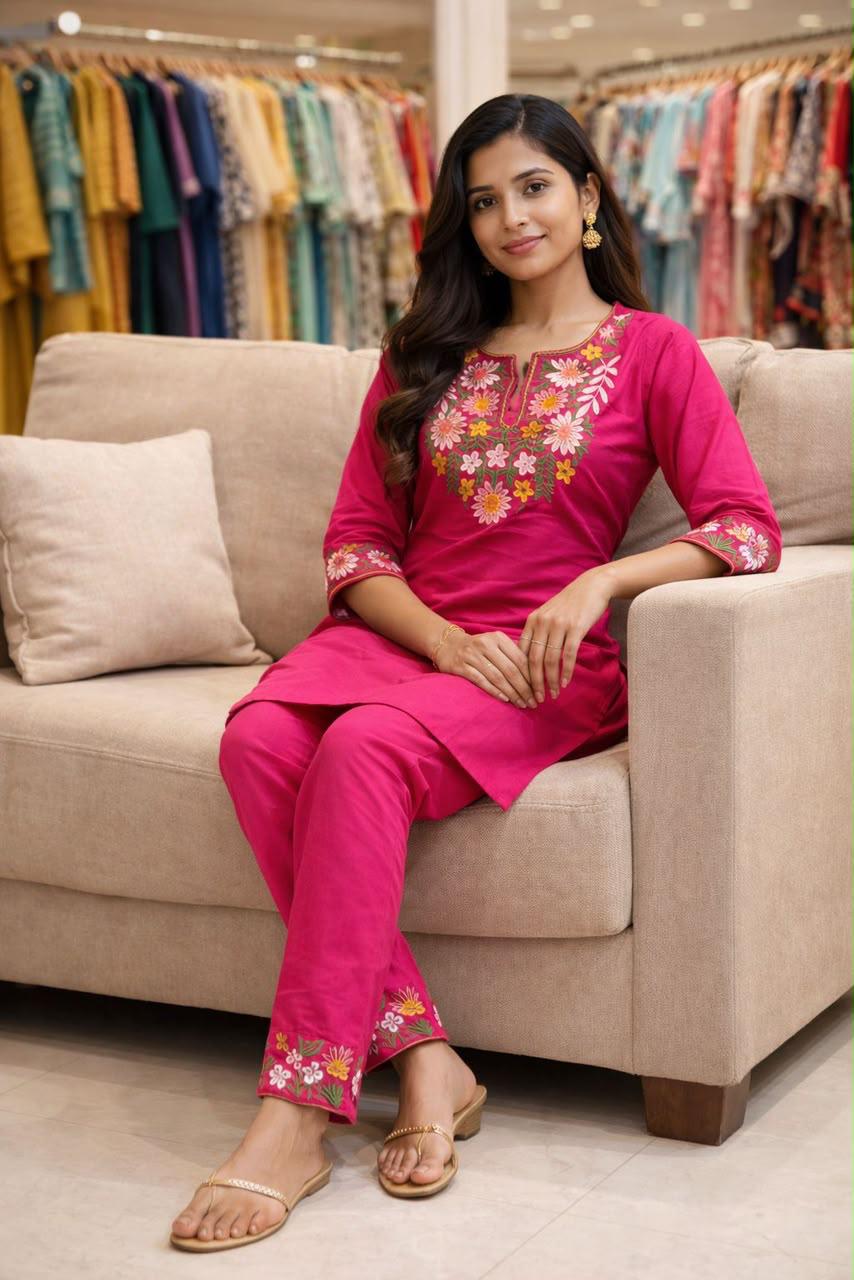 🧶work- embroidery 🪡 🪡 🪡 work on kurti front and pant and kurti border👗👗👗👗 (SWSK78)