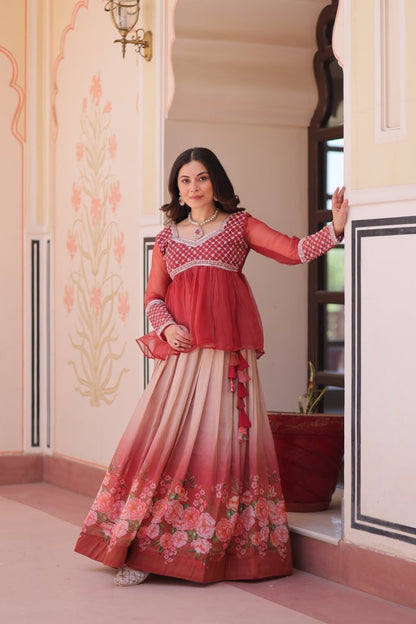 FESTIVAL SPECIAL COSMOS WITH PRINT CHIFFON BEADS EMBROIDERED LEHENGA CHOLI (WDN131) - suitswala