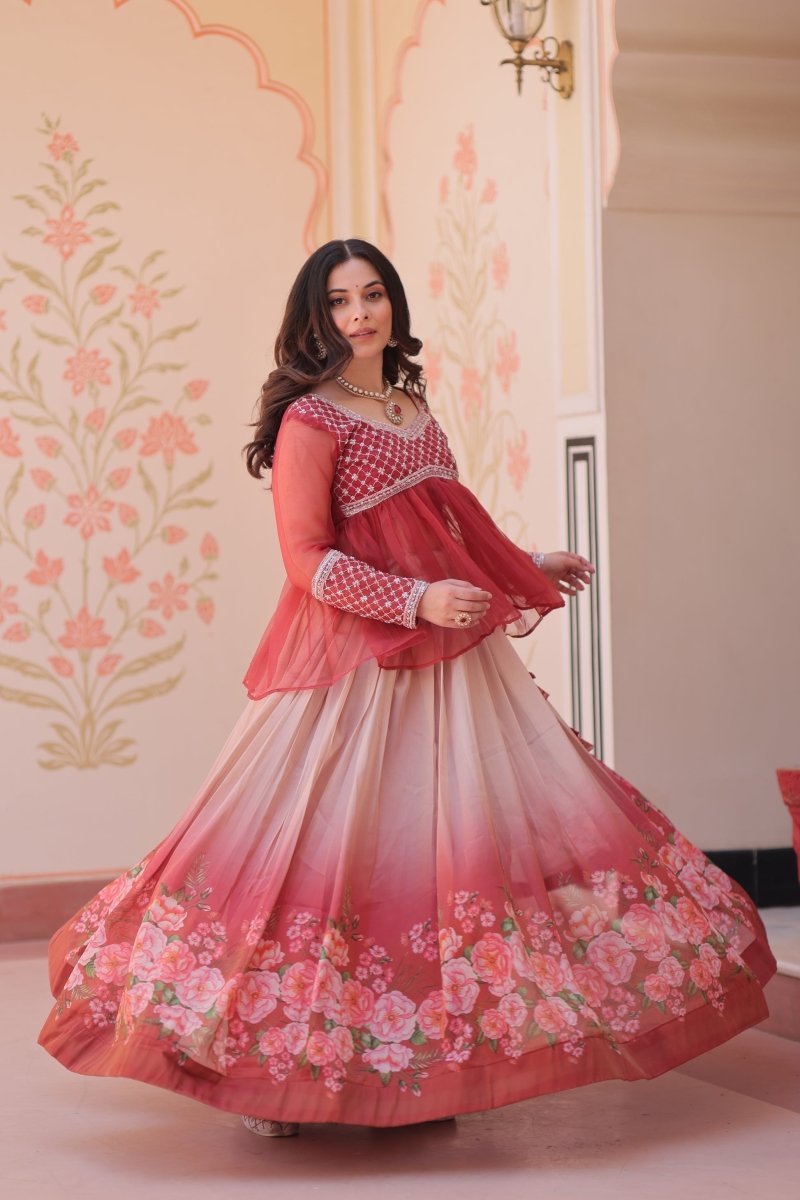 FESTIVAL SPECIAL COSMOS WITH PRINT CHIFFON BEADS EMBROIDERED LEHENGA CHOLI (WDN131) - suitswala