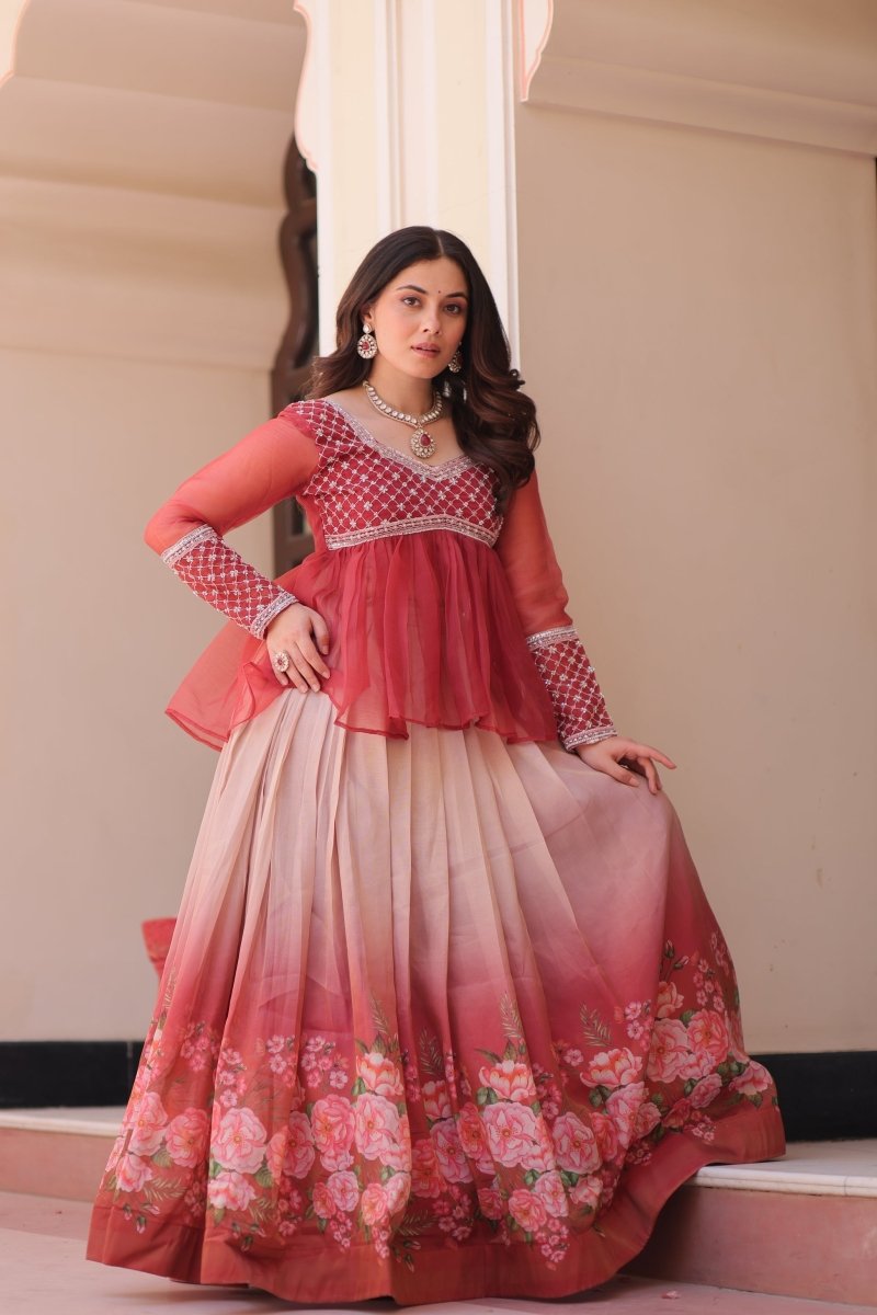 FESTIVAL SPECIAL COSMOS WITH PRINT CHIFFON BEADS EMBROIDERED LEHENGA CHOLI (WDN131) - suitswala