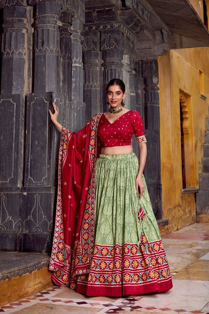FESTIVAL SPECIAL TUSSAR SILK IKKAT PRINT LEHENGA CHOLI WITH DUPATTA (WDN133) - suitswala