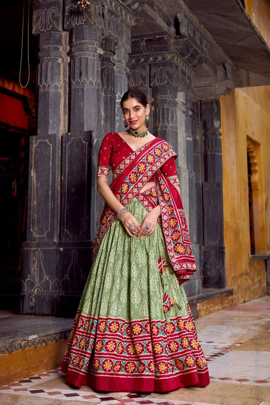 FESTIVAL SPECIAL TUSSAR SILK IKKAT PRINT LEHENGA CHOLI WITH DUPATTA (WDN133) - suitswala