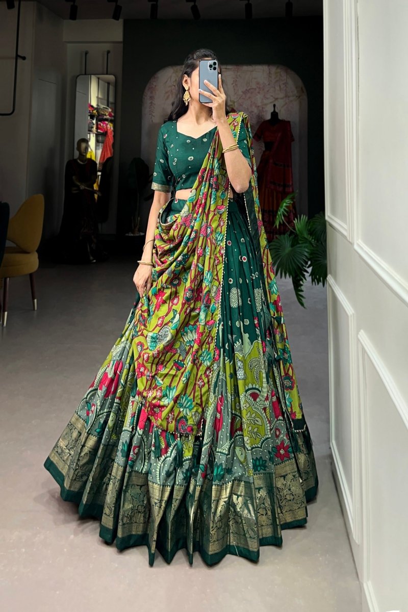 FESTIVAL SPECIAL TUSSAR SILK KALAMKARI PRINT LEHENGA CHOLI (WDN110) 01 - suitswala