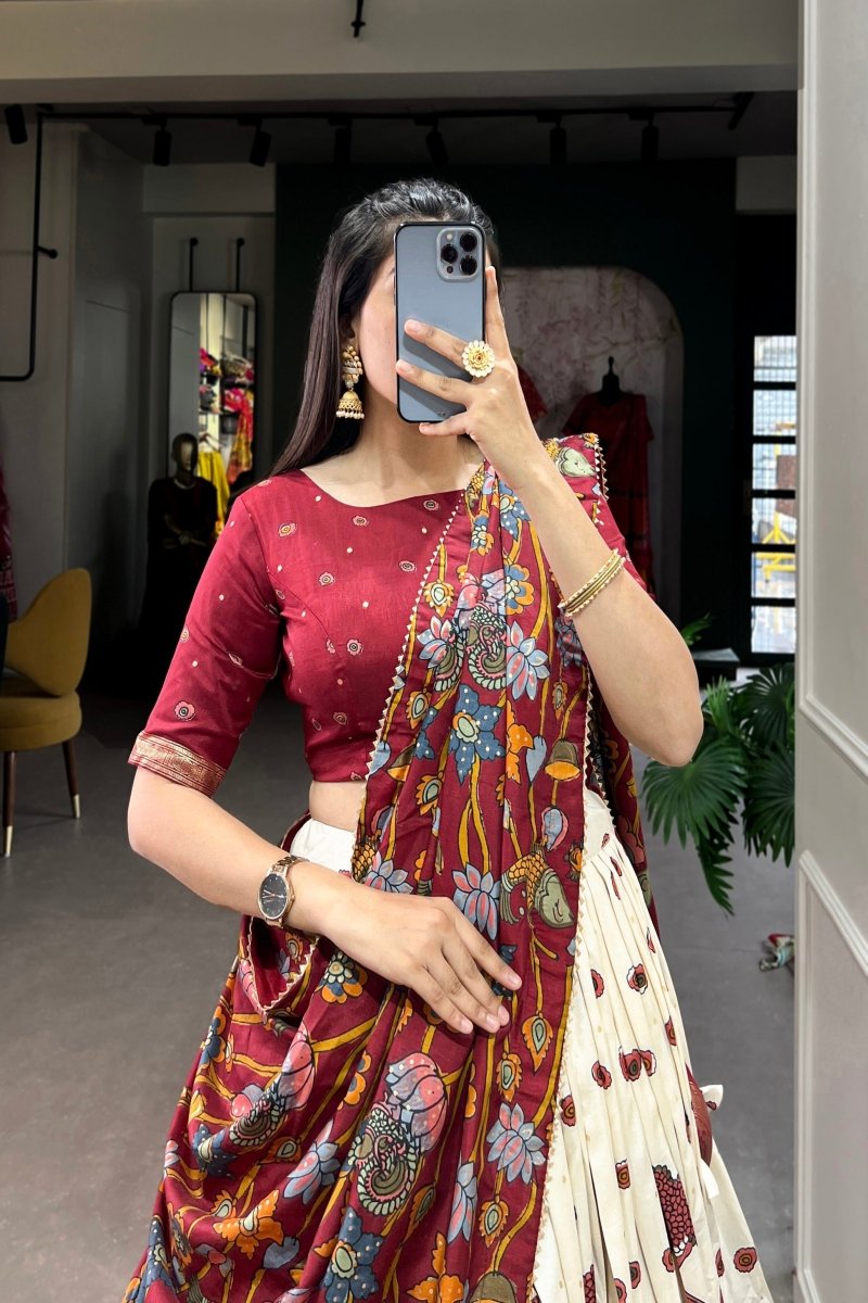 FESTIVAL SPECIAL TUSSAR SILK KALAMKARI PRINT LEHENGA CHOLI (WDN110) - suitswala