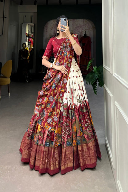 FESTIVAL SPECIAL TUSSAR SILK KALAMKARI PRINT LEHENGA CHOLI (WDN110) - suitswala