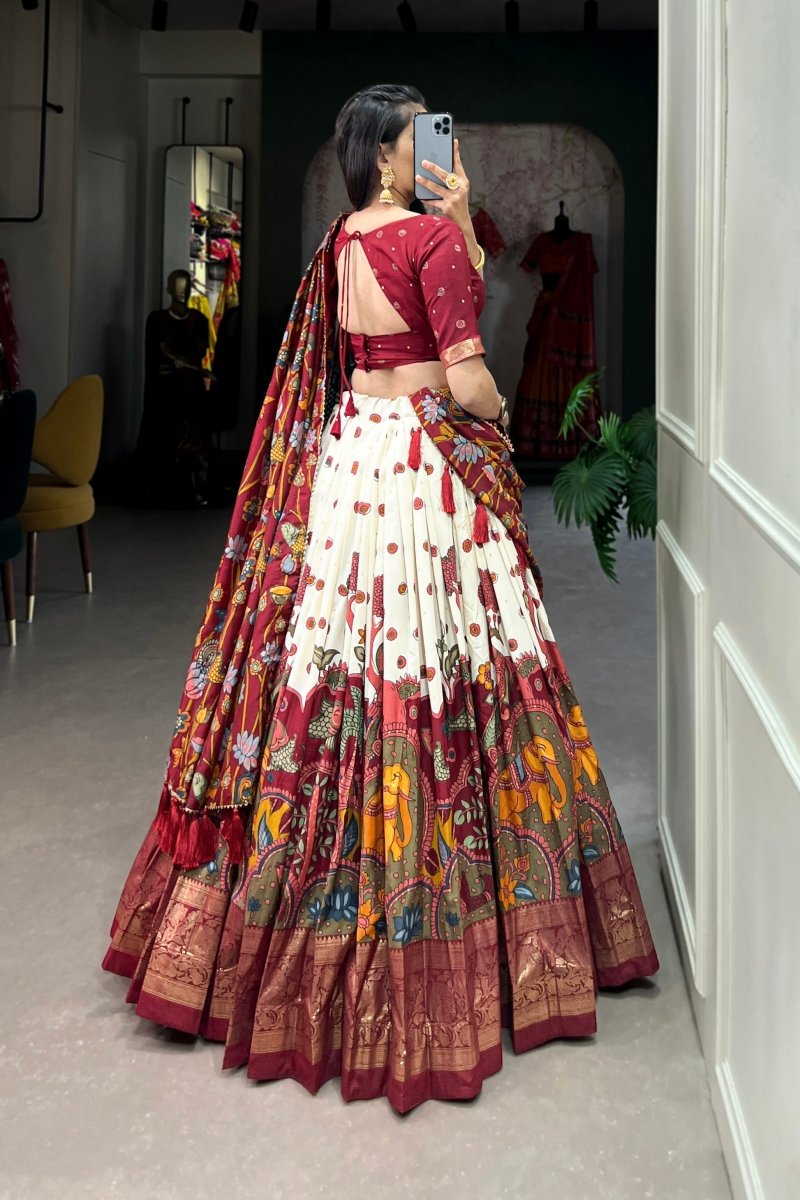 FESTIVAL SPECIAL TUSSAR SILK KALAMKARI PRINT LEHENGA CHOLI (WDN110) - suitswala