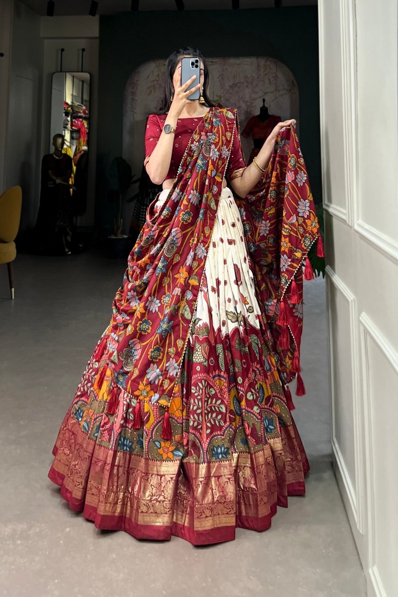 FESTIVAL SPECIAL TUSSAR SILK KALAMKARI PRINT LEHENGA CHOLI (WDN110) - suitswala