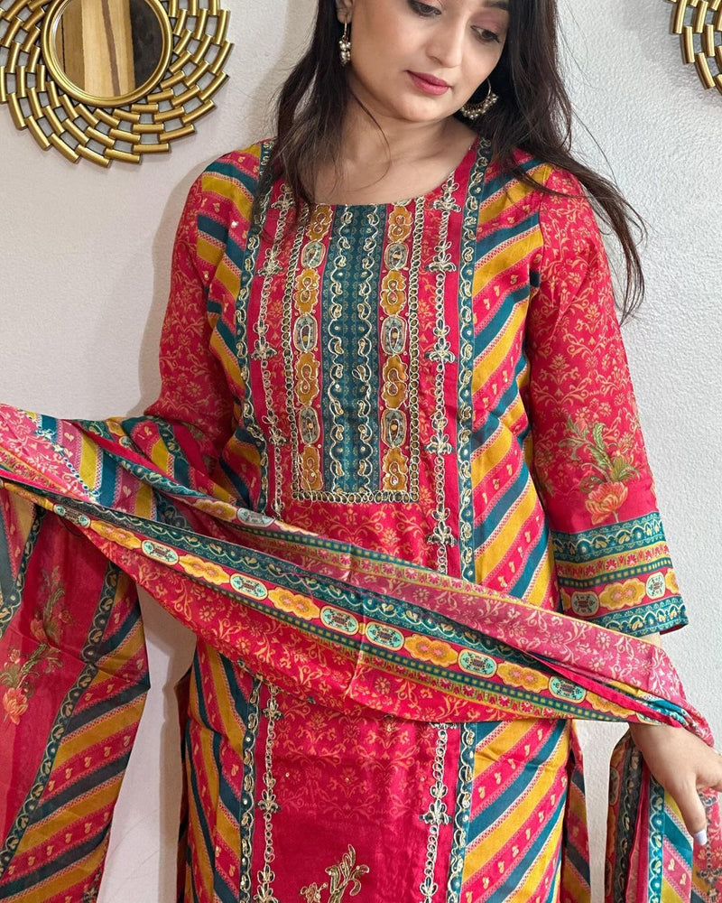 Featuring Ivory Pakistani Suit which is beautifully decorated with digital prints, sequin embroidery and lace detailings all-over. It is absolutely perfect for your upcoming occasions, it is very easy breezy and comfortable.