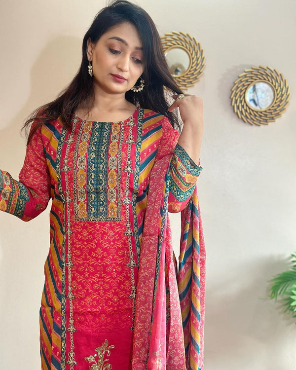 Featuring Ivory Pakistani Suit which is beautifully decorated with digital prints, sequin embroidery and lace detailings all-over. It is absolutely perfect for your upcoming occasions, it is very easy breezy and comfortable.
