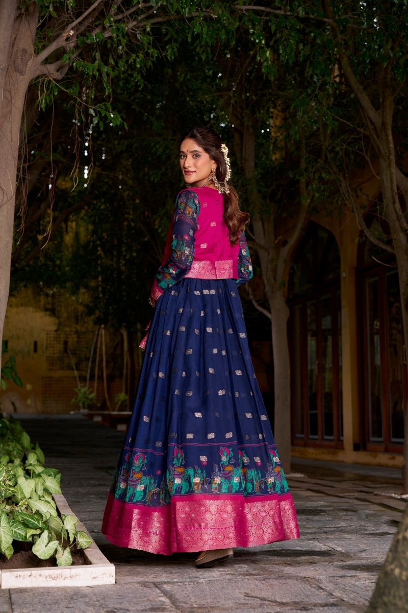 KALAMKARI PRINTED POLY COTTON ZARI WEAVING GOWN WITH KOTI (WDN78) 01 - suitswala