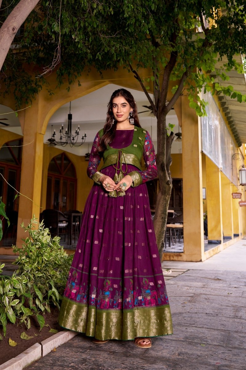 KALAMKARI PRINTED POLY COTTON ZARI WEAVING GOWN WITH KOTI (WDN78) 02 - suitswala