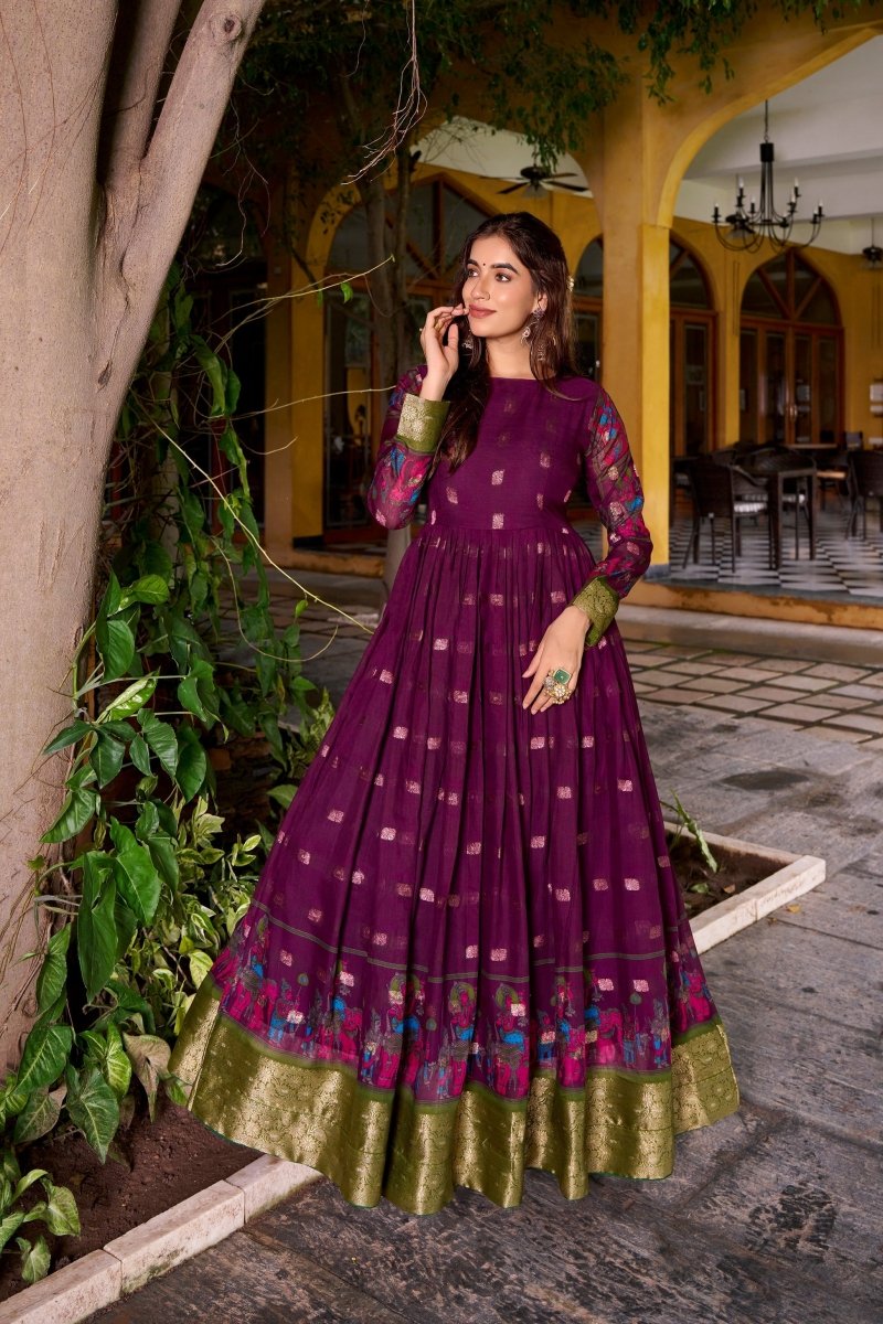 KALAMKARI PRINTED POLY COTTON ZARI WEAVING GOWN WITH KOTI (WDN78) 02 - suitswala
