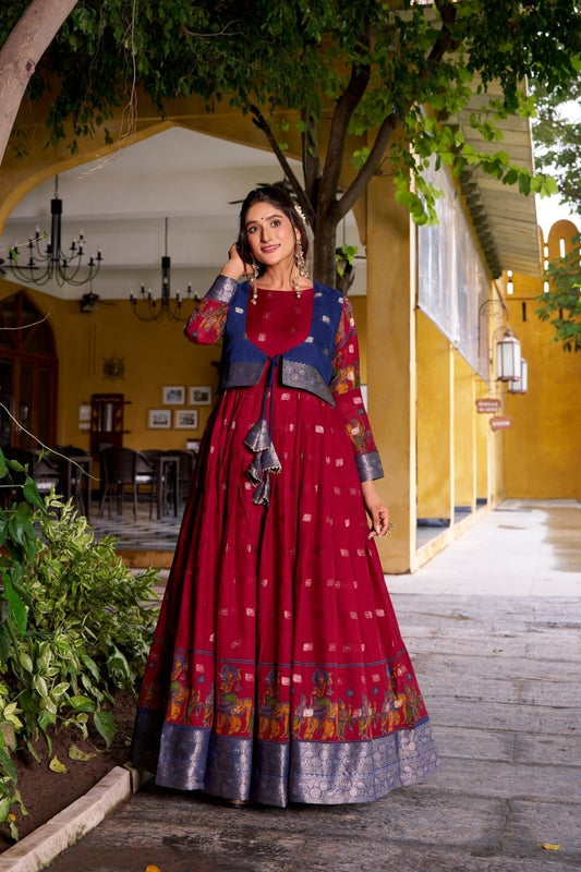 KALAMKARI PRINTED POLY COTTON ZARI WEAVING GOWN WITH KOTI (WDN78) - suitswala