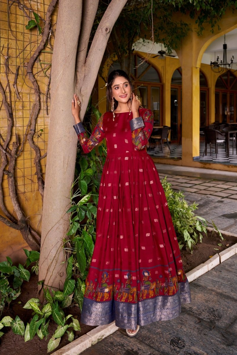 KALAMKARI PRINTED POLY COTTON ZARI WEAVING GOWN WITH KOTI (WDN78) - suitswala