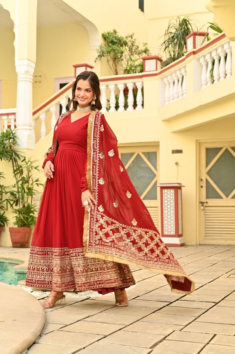 KARWAHCHOTH SPECIAL FAUX BLOMING ZARI SEQUINS EMBROIDERIED GOWN WITH DUPATTA (WDN76) - suitswala