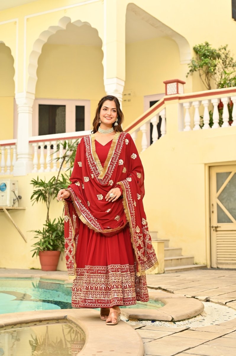 KARWAHCHOTH SPECIAL FAUX BLOMING ZARI SEQUINS EMBROIDERIED GOWN WITH DUPATTA (WDN76) - suitswala