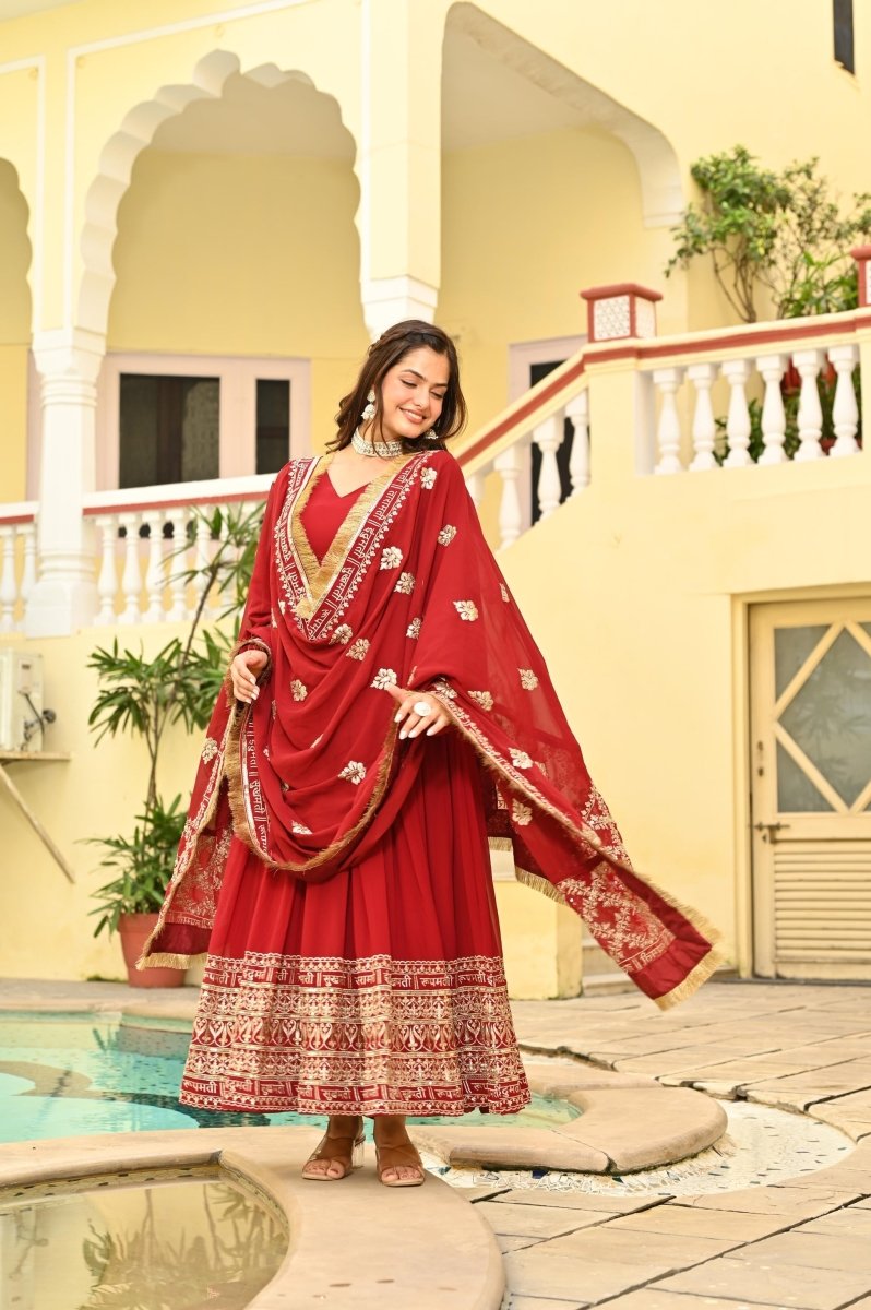 KARWAHCHOTH SPECIAL FAUX BLOMING ZARI SEQUINS EMBROIDERIED GOWN WITH DUPATTA (WDN76) - suitswala