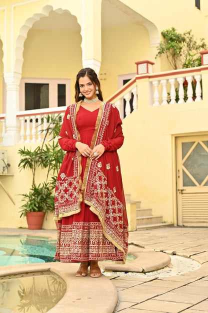 KARWAHCHOTH SPECIAL FAUX BLOMING ZARI SEQUINS EMBROIDERIED GOWN WITH DUPATTA (WDN76) - suitswala