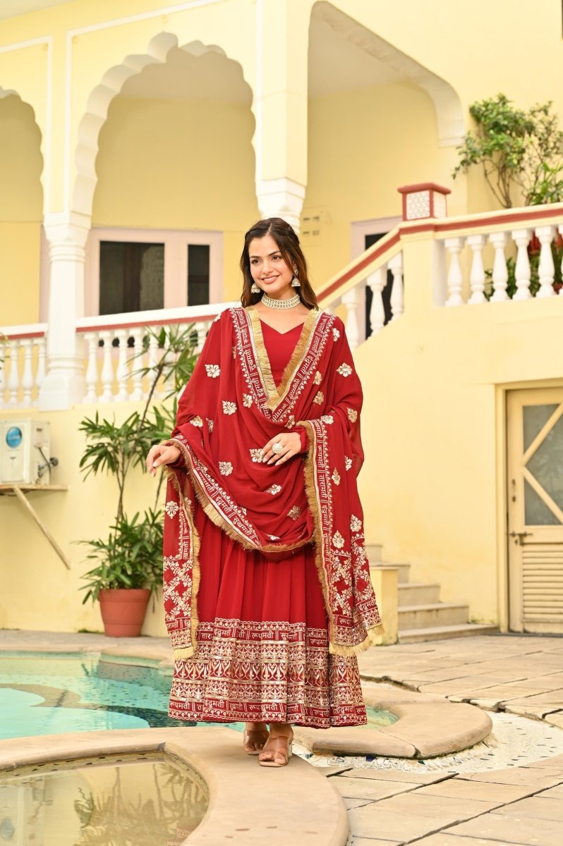 KARWAHCHOTH SPECIAL FAUX BLOMING ZARI SEQUINS EMBROIDERIED GOWN WITH DUPATTA (WDN76) - suitswala