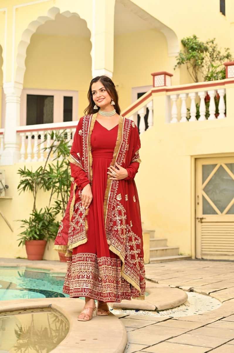 KARWAHCHOTH SPECIAL FAUX BLOMING ZARI SEQUINS EMBROIDERIED GOWN WITH DUPATTA (WDN76) - suitswala