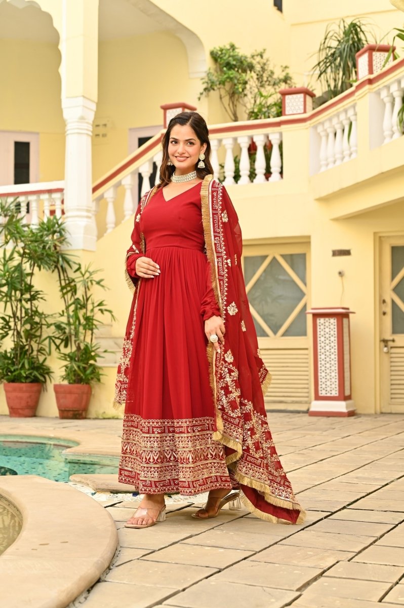 KARWAHCHOTH SPECIAL FAUX BLOMING ZARI SEQUINS EMBROIDERIED GOWN WITH DUPATTA (WDN76) - suitswala