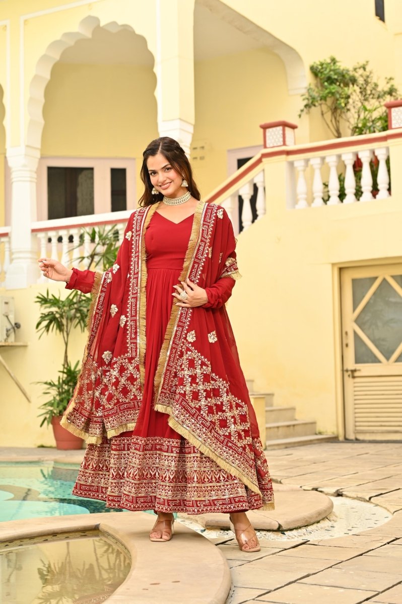 KARWAHCHOTH SPECIAL FAUX BLOMING ZARI SEQUINS EMBROIDERIED GOWN WITH DUPATTA (WDN76) - suitswala