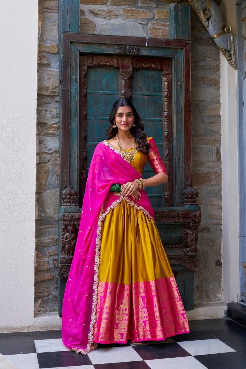 NARAYAN PATTU LEHENGA CHOLI WITH GEORGETTE EMBROIDERED DUPATTA (WDN83) - suitswala