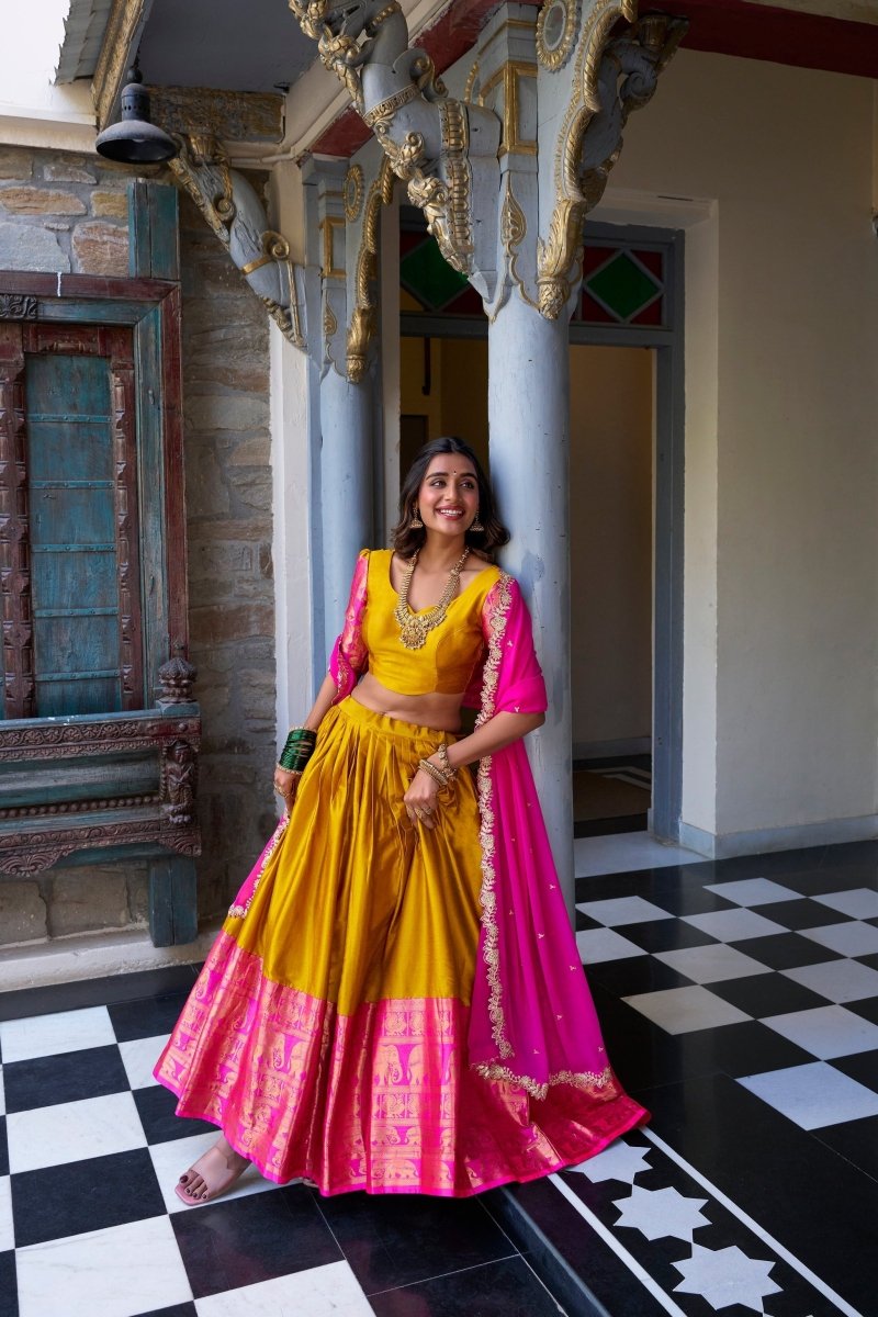 NARAYAN PATTU LEHENGA CHOLI WITH GEORGETTE EMBROIDERED DUPATTA (WDN83) - suitswala