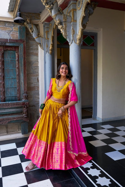 NARAYAN PATTU LEHENGA CHOLI WITH GEORGETTE EMBROIDERED DUPATTA (WDN83) - suitswala