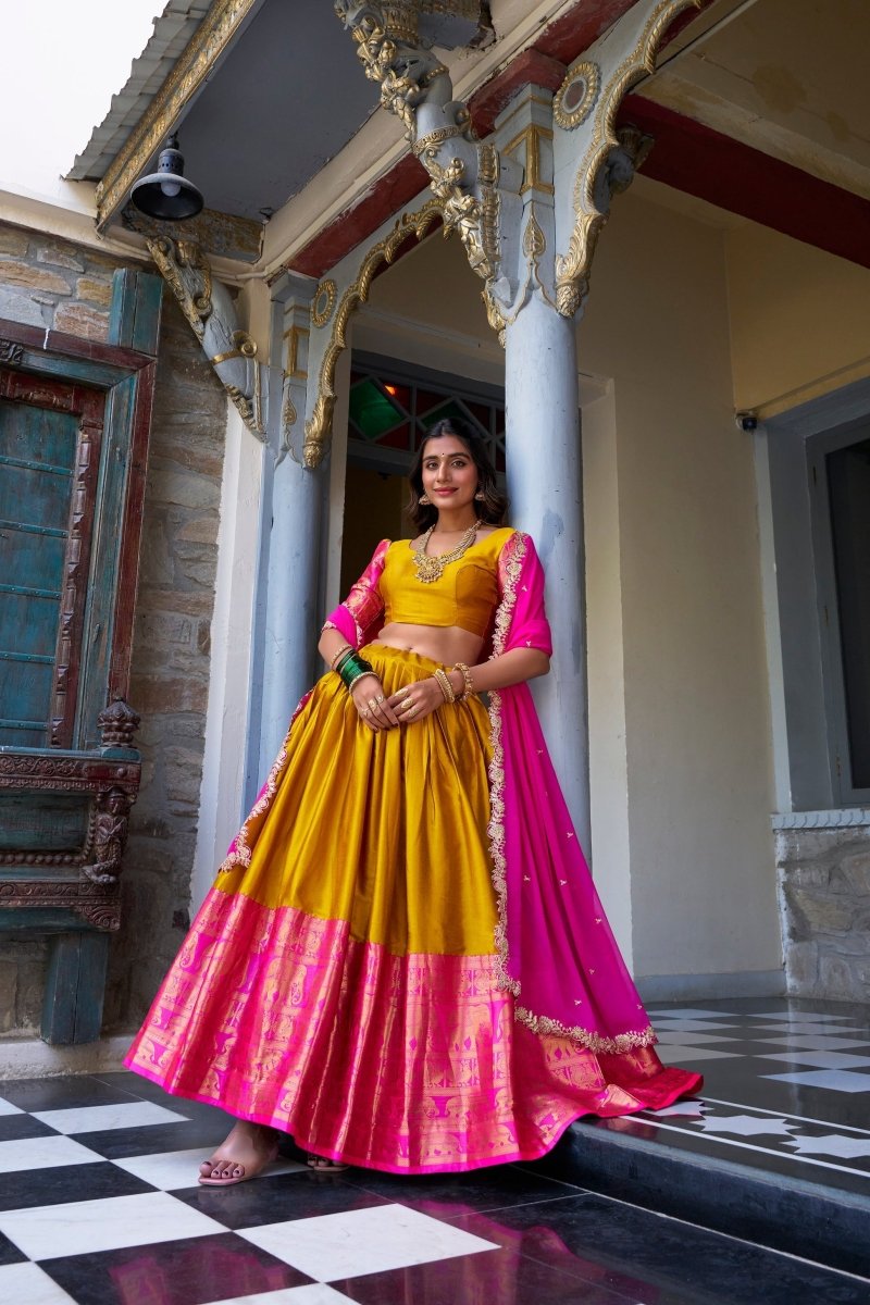 NARAYAN PATTU LEHENGA CHOLI WITH GEORGETTE EMBROIDERED DUPATTA (WDN83) - suitswala