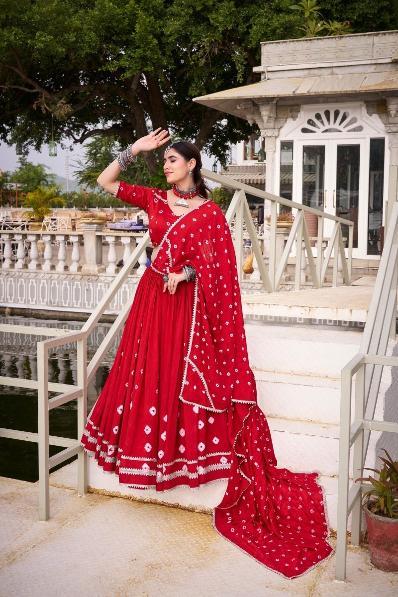 PURE CHANDERI BHANDHEJ PRINT LEHENGA CHOLI WITH DUPATTA (WDN98) 01 - suitswala