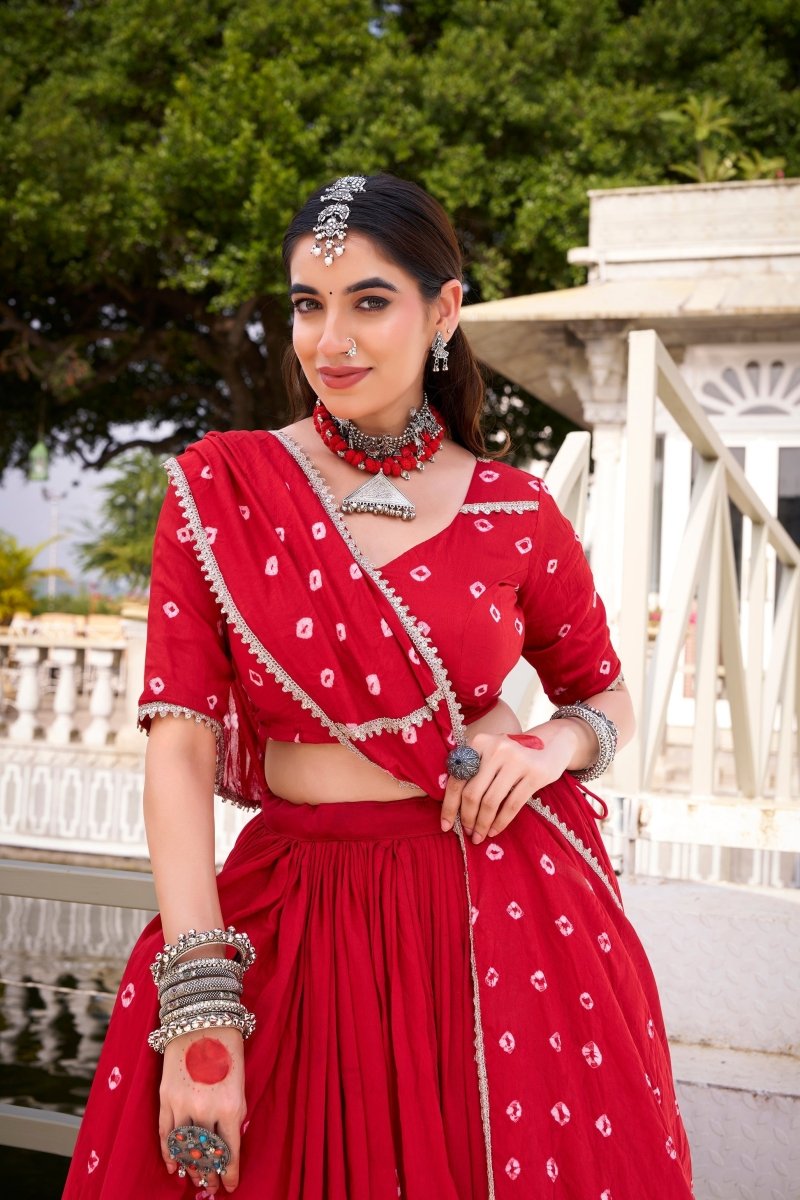 PURE CHANDERI BHANDHEJ PRINT LEHENGA CHOLI WITH DUPATTA (WDN98) 01 - suitswala
