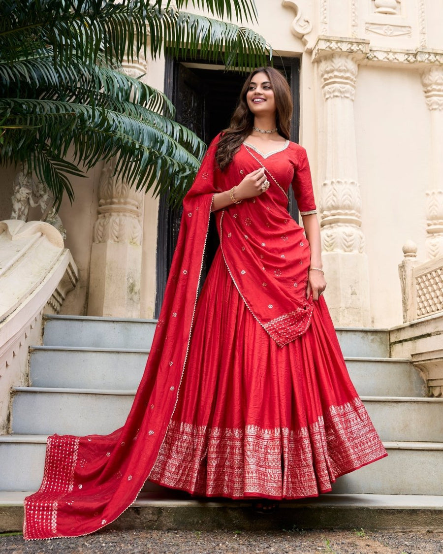 PURE CHANDERI ZARI WEAVING LEHENGA CHOLI WITH SEQUINS EMBROIDERED DUPATTA (WDN88) 06 - suitswala