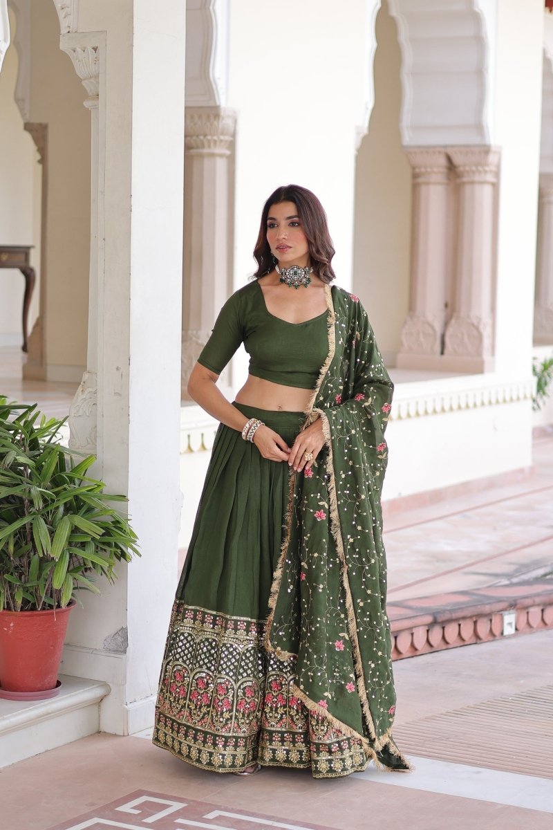 VICHITRA SILK HEAVY SEQUINS AND TREAD EMBROIDERED LEHENGA CHOLI WITH DUPATTA (WDN87) - suitswala