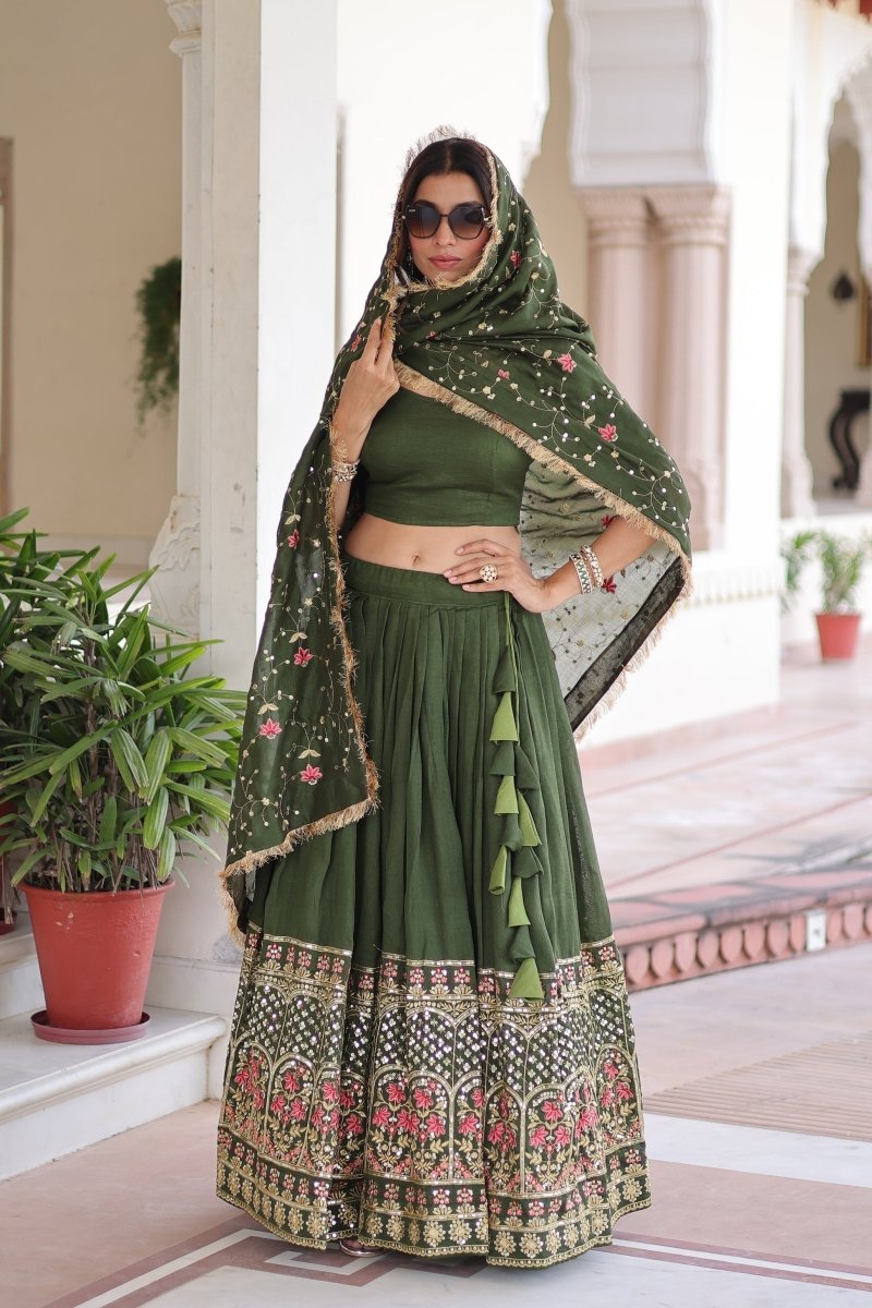 VICHITRA SILK HEAVY SEQUINS AND TREAD EMBROIDERED LEHENGA CHOLI WITH DUPATTA (WDN87) - suitswala
