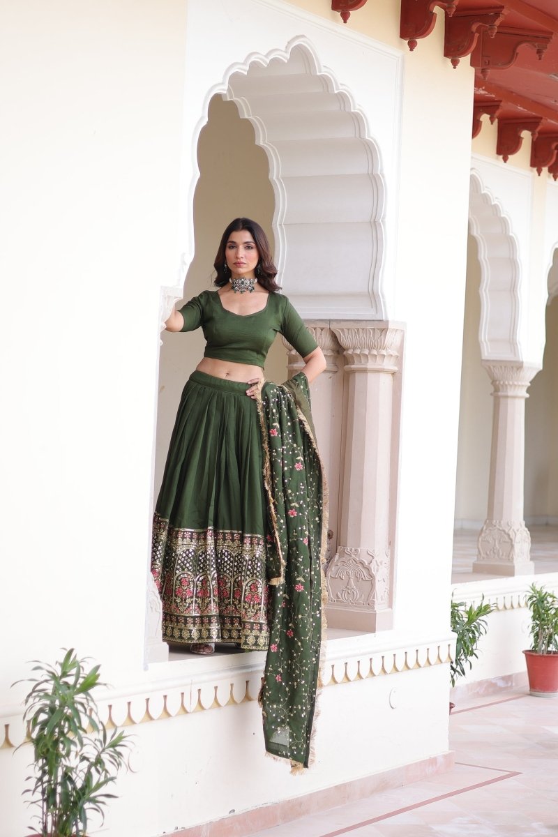 VICHITRA SILK HEAVY SEQUINS AND TREAD EMBROIDERED LEHENGA CHOLI WITH DUPATTA (WDN87) - suitswala