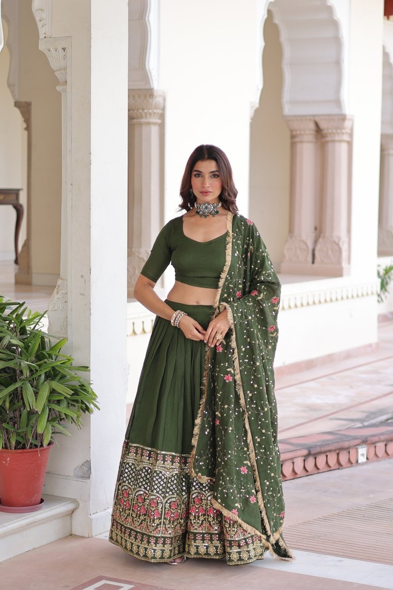 VICHITRA SILK HEAVY SEQUINS AND TREAD EMBROIDERED LEHENGA CHOLI WITH DUPATTA (WDN87) - suitswala
