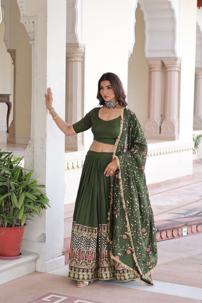VICHITRA SILK HEAVY SEQUINS AND TREAD EMBROIDERED LEHENGA CHOLI WITH DUPATTA (WDN87) - suitswala