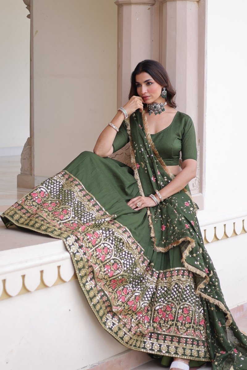 VICHITRA SILK HEAVY SEQUINS AND TREAD EMBROIDERED LEHENGA CHOLI WITH DUPATTA (WDN87) - suitswala