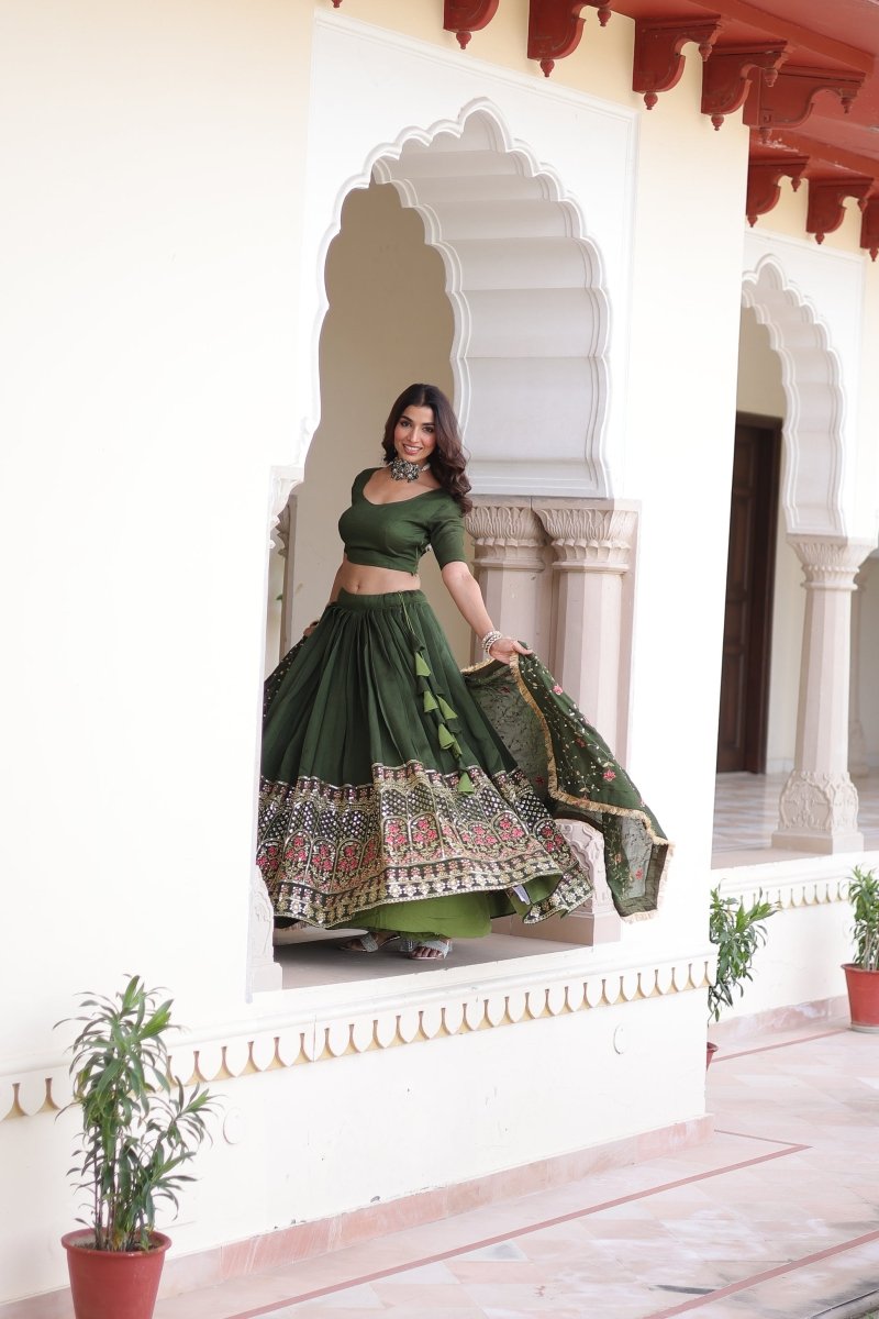 VICHITRA SILK HEAVY SEQUINS AND TREAD EMBROIDERED LEHENGA CHOLI WITH DUPATTA (WDN87) - suitswala